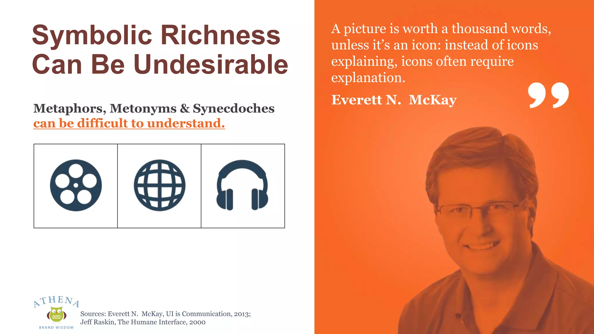 Symbolic Richness
Can Be Undesirable
A picture is worth a thousand words,
unless it’s an icon: instead of icons
explaining, icons often require
explanation.
Everett N. McKay
Metaphors, Metonyms & Synecdoches
can be difficult to understand.
Sources: Everett N. McKay, UI is Communication, 2013;
Jeff Raskin, The Humane Interface, 2000
 