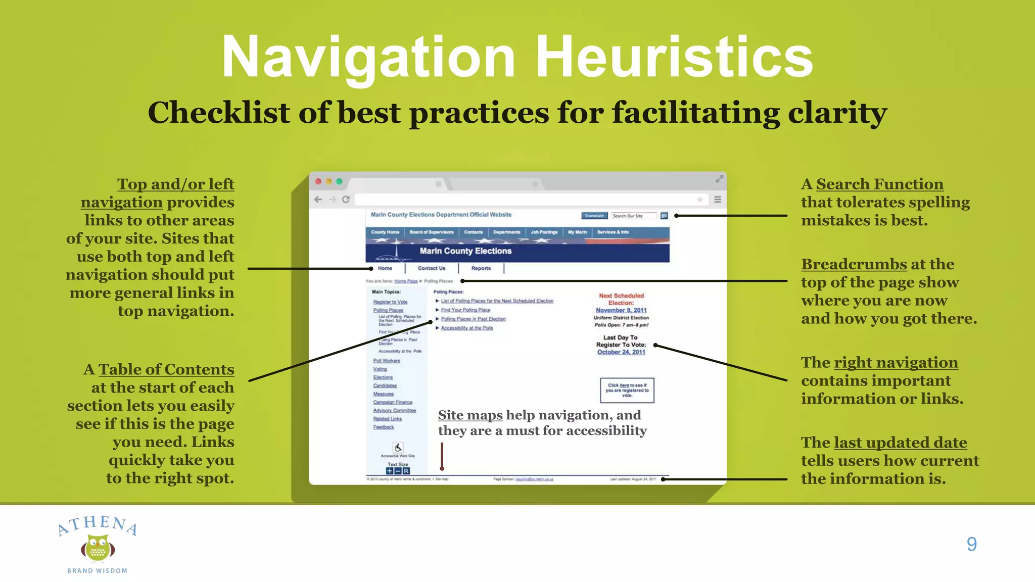 Navigation Heuristics
Checklist of best practices for facilitating clarity
9
Top and/or left
navigation provides
links to other areas
of your site. Sites that
use both top and left
navigation should put
more general links in
top navigation.
A Table of Contents
at the start of each
section lets you easily
see if this is the page
you need. Links
quickly take you
to the right spot.
Site maps help navigation, and
they are a must for accessibility
A Search Function
that tolerates spelling
mistakes is best.
Breadcrumbs at the
top of the page show
where you are now
and how you got there.
The right navigation
contains important
information or links.
The last updated date
tells users how current
the information is.
 