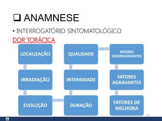  ANAMNESE
• INTERROGATÓRIO SINTOMATOLÓGICO
DOR TORÁCICA
20
LOCALIZAÇÃO
IRRADIAÇÃO
EVOLUÇÃO DURAÇÃO
INTENSIDADE
QUALIDADE FATORES
DESENCADEANTES
FATORES
AGRAVANTES
FATORES DE
MELHORA
 