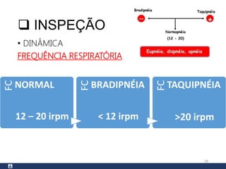  INSPEÇÃO
• DINÂMICA
FREQUÊNCIA RESPIRATÓRIA
29
FC
NORMAL
12 – 20 irpm
FCBRADIPNÉIA
< 12 irpm
FC
TAQUIPNÉIA
>20 irpm
 