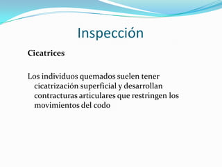 Inspección
Cicatrices

Los individuos quemados suelen tener
 cicatrización superficial y desarrollan
 contracturas articulares que restringen los
 movimientos del codo
 