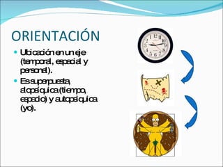 ORIENTACIÓN Ubicación en un eje (temporal, espacial y personal). Es superpuesta, alopsíquica (tiempo, espacio) y autopsiquica (yo). 
