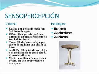 SENSOPERCEPCIÓN Umbral Patológico Gusto: 1 gr de sal de mesa con 500 litros de agua Olfato: Una gota de perfume difundido en un apartamento de tres habitaciones. Tacto: El ala de una abeja que cae en la mejilla a una altura de 1 cm Audición: El tic tac de un reloj a 6 m de distancia en condiciones de mucho silencio Visión: una flama de una vela a 50 km. En una noche oscura y despejada. Ilusiones Alucinaciones Alucinosis 