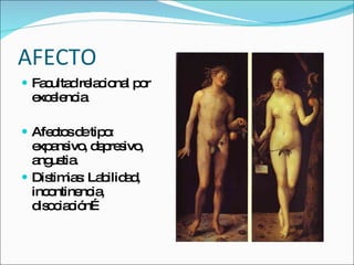 AFECTO Facultad relacional por excelencia Afectos de tipo: expansivo, depresivo, angustia. Distimias: Labilidad, incontinencia, disociación… 