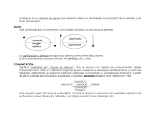 La lengua es un sistema de signos que expresan ideas. La Semiología se encargará de su estudio y las
    leyes que los rigen.

SIGNO
    está constituido por un concepto y una imagen acústica, lo que Saussure llamará:


                                               Significado
               concepto
               imagen                          Significante
               acústica


    La significación o semiosis es el proceso del encuentro entre idea y forma
    El vínculo entre uno y otro es arbitrario. No privilegia uno u otro.

COMUNICACIÓN
   Significa “participar en”, “poner en relación”. Hoy se asocia con medios de comunicación, desde
   transportes hasta radio y tv. Desde la segunda guerra comienza a estudiarse científicamente, a partir del
   telégrafo, elaborando un esquema hasta hoy aplicado aumentando su complejidad (Shannon). A partir
   de allí es utilizado por sociólogos, psicólogos y lingüistas. Jakobson propone esta variante en 1960:

                                                   CONTEXTO
                                        HABLANTE     MENSAJE        OYENTE
                                                   CONTACTO
                                                    CÓDIGO
    Este esquema será criticado por su linealidad mecánica, donde no se involucra las variables subjetivas del
    ser humano, como diferencias culturales, psicológicas, restricciones, ideología, etc.
 