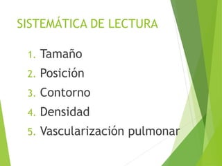 SISTEMÁTICA DE LECTURA
1. Tamaño
2. Posición
3. Contorno
4. Densidad
5. Vascularización pulmonar
 