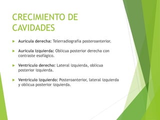 CRECIMIENTO DE
CAVIDADES
 Aurícula derecha: Telerradiografía posteroanterior.
 Aurícula izquierda: Oblicua posterior derecha con
contraste esofágico.
 Ventrículo derecho: Lateral izquierda, oblicua
posterior izquierda.
 Ventrículo izquierdo: Posteroanterior, lateral izquierda
y oblicua posterior izquierda.
 