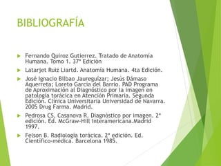 BIBLIOGRAFÍA
 Fernando Quiroz Gutierrez. Tratado de Anatomía
Humana. Tomo 1. 37ª Edición
 Latarjet Ruiz Liartd. Anatomía Humana. 4ta Edición.
 José Ignacio Bilbao Jaureguízar; Jesús Dámaso
Aquerreta; Loreto García del Barrio. PAD Programa
de Aproximación al Diagnóstico por la imagen en
patología torácica en Atención Primaria. Segunda
Edición. Clínica Universitaria Universidad de Navarra.
2005 Drug Farma. Madrid.
 Pedrosa CS, Casanova R. Diagnóstico por imagen. 2ª
edición. Ed. McGraw-Hill Interamericana.Madrid
1997.
 Felson B. Radiología torácica. 2ª edición. Ed.
Científico-médica. Barcelona 1985.
 