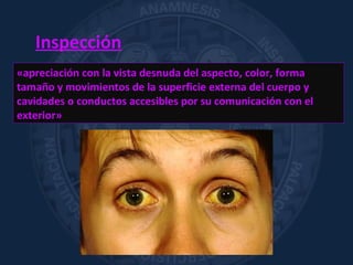 Inspección
«apreciación con la vista desnuda del aspecto, color, forma
tamaño y movimientos de la superficie externa del cuerpo y
cavidades o conductos accesibles por su comunicación con el
exterior»
 