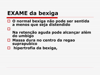 EXAME da bexiga
 O normal bexiga não pode ser sentida
a menos que seja distendido

Na retenção aguda pode alcançar além
do umbigo
 Massa dura no centro da regao
suprapubico
 hipertrofia da bexiga,
 