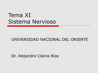 Tema XI
Sistema Nervioso
UNIVERSIDAD NACIONAL DEL ORIENTE
Dr. Alejandro Claros Rios
 