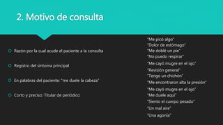 2. Motivo de consulta
 Razón por la cual acude el paciente a la consulta
 Registro del síntoma principal
 En palabras del paciente: “me duele la cabeza”
 Corto y preciso: Titular de periódico
“Me picó algo”
“Me doblé un pie”
“No puedo respirar”
“Tengo un chichón”
“Revisión general”
“Me encontraron alta la presión”
“Dolor de estómago”
“Me duele aquí”
“Me cayó mugre en el ojo”
“Me cayó mugre en el ojo”
“Siento el cuerpo pesado”
“Un mal aire”
“Una agonía”
 