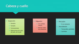 Cabeza y cuello
 Inspección:
 Simetría
 Tamaño
 Tumoraciones
 Alteraciones de color,
del pelo, de la piel
 Palpación:
 Con ambas
manos
 Revisar todos
los contornos
 Percusión:
 Si es necesario
 Auscultación
 Temporales, parietales
 Carótidas
 