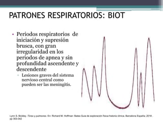 PATRONES RESPIRATORIOS: BIOT
• Periodos respiratorios de
iniciación y supresión
brusca, con gran
irregularidad en los
periodos de apnea y sin
profundidad ascendente y
descendente
▫ Lesiones graves del sistema
nervioso central como
pueden ser las meningitis.
Lynn S. Bickley. Tórax y pulmones. En: Richard M. Hoffman: Bates Guia de exploración física historia clínica, Barcelona España; 2018 .
pp 303-342
 