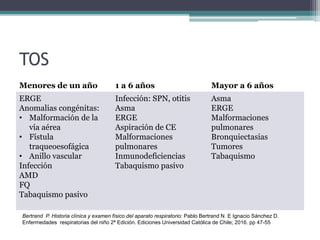 TOS
Menores de un año 1 a 6 años Mayor a 6 años
ERGE
Anomalias congénitas:
• Malformación de la
vía aérea
• Fístula
traqueoesofágica
• Anillo vascular
Infección
AMD
FQ
Tabaquismo pasivo
Infección: SPN, otitis
Asma
ERGE
Aspiración de CE
Malformaciones
pulmonares
Inmunodeficiencias
Tabaquismo pasivo
Asma
ERGE
Malformaciones
pulmonares
Bronquiectasias
Tumores
Tabaquismo
Bertrand P. Historia clínica y examen físico del aparato respiratorio: Pablo Bertrand N. E Ignacio Sánchez D.
Enfermedades respiratorias del niño 2ª Edición. Ediciones Universidad Católica de Chile; 2016. pp 47-55
 