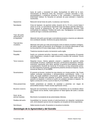horas de sueño y necesidad de siesta. Acompañado de déficit de la mem.
Clínicamente se diferencia entre Hip. funcional o primaria (asociada a trast.
psicopatológicos o problemas primarios) e Hip. sintomática o secundaria (por
enfermedad médica). Es frecuente en períodos de poca actividad o trastornos
recidivantes.
Hiposomnia: Reducción de las horas de sueño, no alcanza a ser insomnio.
Narcolepsia: Crisis de hipersom. de aparición súbita, duración de 5 a 15 min y ocurre hasta 4
veces en el día. La somnolencia desciende luego del ataque (período refractario).
Surge durante la adolescencia. Se cree una etiopatogénesis génetica. Está
acompañada de catalepsia, Parálisis del sueño, aluc. hipnagógicas y en ocasiones
cuadros de fuga o conductas automáticas.
Trast. del sueño
relacionado con
la respiración: Alteración del sueño que da lugar a somnolencia excesiva o insomnio por alteración
de la ventilación alveolar. Síndrome de apnea obstructiva.
Trast del ritmo
circadiano: Alteración del sueño por mala sincronización entre el sistema circadiano endógeno,
del patrón regular de fluctuación de la fisiología o la conducta relacionada al ciclo
luz-oscuridad de 24 horas (viajes largos, cambios de turno laboral).
Parasomnia: Trastornos durante el sueño o la transición sueño-vigilia.
Pesadilla: Sueño con contenido terrorífico. Asociado a estrés o baja autoestima. El paciente
suele despertarse y durante la vigila conserva el recuerdo del contenido. Ocurre
durante REM.
Terror nocturno: Despertar brusco. Intensa agitación corporal y vegetativa de aparición súbita
acompañado de pánico, aceleración del pulso y la frecuencia respiratoria, midriasis,
sudoración, taquicardia, grito, llanto, gemidos, el paciente emite palabras, asociado
a sonambulismo. Duración de menos de 10 minutos y no hay componente onírico.
Es difícil despertar al paciente, generalmente presenta amnesia al respecto. Ocurre
durante las fases III y IV de NREM.
Sonambulismo: El paciente se levanta, mantiene los ojos abiertos con mirada perdida y fija. Puede
realizar conductas automáticas o semiautomáticas (somniloquios, comer, ir al
baño). Se puede establecer comunicación, generalmente responde con lenguaje
ininteligible. Dificultad para despertar al paciente. Duración hasta media hora. El
paciente se despierta o continua el sueño con posterior amnesia al respecto. No
ligado a producción onírica, ocurre en fase III y IV de NREM.
Otras parasomnias: Suelen presentarse en estados de ansiedad o pacientes con rasgos de
personalidad ansiosa. Poseen escasa significación clínica.
Bruxismo nocturno: Ejecución de movimientos no funcionales e involuntarios con la mandíbula inferior
con frotación de los dientes. Suele aparecer en fases ligeras del sueño o durante
REM.
Síndr. de las
piernas inquietas: Movimiento inconsistente de las extremidades inferiores.
Parálisis del sueño: Imposibilidad de moverse durante el adormecimiento y/o despertar manteniendo
conc. de la situación que se vive con angustia y se recupera de forma espontánea.
Somniloquia: Habla durante el sueño. El paciente no recuerda el contenido.
Semiología de la Agresividad y del Suicidio
Psicopatología 2006 Redactor: Alejandro Araya
17
 