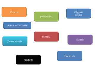 Poliuria                                        Oliguria
                                                   anuria
                            polaquiuria


Retención urinaria



                             nicturia
                                                      disuria
incontinencia




                                          Eneuresis
                Fecaluria
 