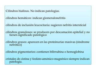 Cilindros hialinos. No indican patologias.

cilindros hemáticos: indican glomerulonefritis

cilindros de inclusión leucocitaria: sugieren nefritis intersticial

cilindros granulosos: se producen por descamación epitelial y no
    tienen significado patológico

cilindros grasos: aparecen en las proteinurias masivas (síndrome
    nefrótico)

cilindros pigmentarios: contienen bilirrubina o hemoglobina

cristales de cistina y fosfato-amónico-magnésico siempre indican
   patología.
 
