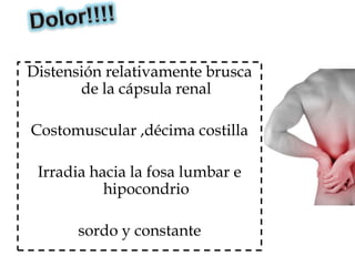 Distensión relativamente brusca
       de la cápsula renal

Costomuscular ,décima costilla

 Irradia hacia la fosa lumbar e
           hipocondrio

       sordo y constante
 