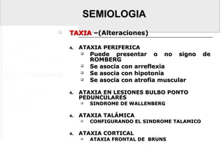 SEMIOLOGIASEMIOLOGIA
 TAXIATAXIA –(Alteraciones)–(Alteraciones)
4.4. ATAXIA PERIFERICAATAXIA PERIFERICA
 Puede presentar o no signo dePuede presentar o no signo de
ROMBERGROMBERG
 Se asocia con arreflexiaSe asocia con arreflexia
 Se asocia con hipotoníaSe asocia con hipotonía
 Se asocia con atrofia muscularSe asocia con atrofia muscular
4.4. ATAXIA EN LESIONES BULBO PONTOATAXIA EN LESIONES BULBO PONTO
PEDUNCULARESPEDUNCULARES
 SINDROME DE WALLENBERGSINDROME DE WALLENBERG
4.4. ATAXIA TALÁMICAATAXIA TALÁMICA
 CONFIGURANDO EL SINDROME TALAMICOCONFIGURANDO EL SINDROME TALAMICO
4.4. ATAXIA CORTICALATAXIA CORTICAL
 ATAXIA FRONTAL DE BRUNSATAXIA FRONTAL DE BRUNS
 