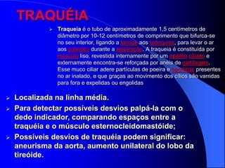 TRAQUÉIA
                Traqueia é o tubo de aproximadamente 1,5 centímetros de
                 diâmetro por 10-12 centímetros de comprimento que bifurca-se
                 no seu interior, ligando a laringe aos brônquios, para levar o ar
                 aos pulmões durante a respiração. A traqueia é constituída por
                 músculo liso, revestida internamente por um epitélio ciliado e
                 externamente encontra-se reforçada por anéis de cartilagem.
                 Esse muco ciliar adere partículas de poeira e bactérias presentes
                 no ar inalado, e que graças ao movimento dos cílios são varridas
                 para fora e expelidas ou engolidas

   Localizada na linha média.
   Para detectar possíveis desvios palpá-la com o
    dedo indicador, comparando espaços entre a
    traquéia e o músculo esternocleidomastóide;
   Possíveis desvios de traquéia podem significar:
    aneurisma da aorta, aumento unilateral do lobo da
    tireóide.
 