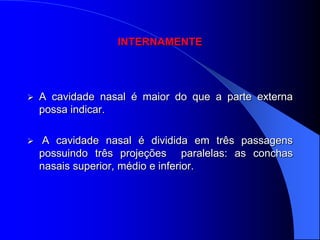 INTERNAMENTE




   A cavidade nasal é maior do que a parte externa
    possa indicar.

    A cavidade nasal é dividida em três passagens
    possuindo três projeções paralelas: as conchas
    nasais superior, médio e inferior.
 