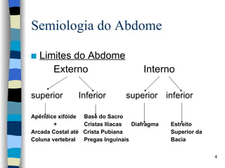 Semiologia do Abdome Limites do Abdome Externo Interno superior  Inferior    superior  inferior Apêndice xifóide  Base do Sacro +   Cristas Ilíacas  Diafragma   Estreito Arcada Costal até  Crista Pubiana   Superior da Coluna vertebral   Pregas Inguinais   Bacia 