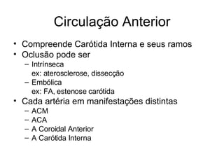 Circulação Anterior Compreende Carótida Interna e seus ramos Oclusão pode ser Intrínseca ex: aterosclerose, dissecção Embólica ex: FA, estenose carótida Cada artéria em manifestações distintas ACM ACA A Coroidal Anterior A Carótida Interna 