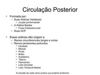 Circulação Posterior Formada por: Duas Artérias Vertebrais Junção pontomedular A Artéria Basilar Fossa Interpeduncular Duas ACP Essas artérias dão origem a Ramos circunferenciais longos e curtos Ramos penetrantes profundos Cerebelo Medula Ponte Bulbo  Subtálamo Tálamo Hipocampo Lobo Occipital Lobo Temporal Medial A oclusão de cada ramo produz sua própria síndrome 