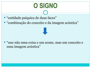O SIGNO “ entidade psíquica de duas faces” “ combinação do conceito e da imagem acústica” “ une não uma coisa e um nome, mas um conceito e uma imagem acústica” 