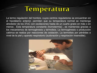 La termo regulación del hombre, cuyos centros reguladores se encuentran en
el hipotálamo anterior, permiten que su tempera...