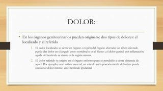 DOLOR:
• En los órganos genitourinarios pueden originarse dos tipos de dolores: el
localizado y el referido
1. El dolor localizado se siente en órgano o región del órgano afectado: un riñón afectado
puede dar dolor en el ángulo costo vertebral o en el flanco ; el dolor genital por inflamación
aguda del testículo se siente en la región misma.
2. El dolor referido se origina en el órgano enfermo pero es percibido a cierta distancia de
aquel. Por ejemplo, en el cólico ureteral, un cálculo en la porción media del uréter puede
ocasionar dolor intenso en el testículo ipsilateral
 