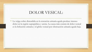 DOLOR VESICAL:
• La vejiga sobre distendida en la retención urinaria aguda produce intenso
dolor en la región suprapúbica y uretra. La causa más común de dolor vesical
es la Infección urinaria y el globo vesical por obstrucción urinaria aguda baja.
 