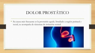 DOLOR PROSTÁTICO
• Su causa más frecuente es la prostatitis aguda. Irradiado a región perineal y
rectal, se acompaña de síntomas de irritación vesical.
 