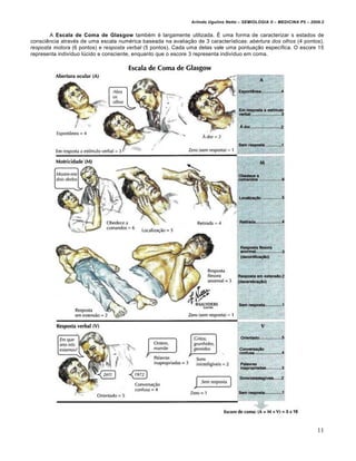 Arlindo Ugulino Netto – SEMIOLOGIA II – MEDICINA P5 – 2009.2


       A Escala de Coma de Glasgow também é largamente utilizada. É uma forma de caracterizar s estados de
consciência através de uma escala numérica baseada na avaliação de 3 características: abertura dos olhos (4 pontos),
resposta motora (6 pontos) e resposta verbal (5 pontos). Cada uma delas vale uma pontuação específica. O escore 15
representa indivíduo lúcido e consciente, enquanto que o escore 3 representa indivíduo em coma.




                                                                                                                        11
 