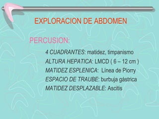 EXPLORACION DE ABDOMEN

PERCUSION:
   4 CUADRANTES: matidez, timpanismo
   ALTURA HEPATICA: LMCD ( 6 – 12 cm )
   MATIDEZ ESPLENICA: Línea de Piorry
   ESPACIO DE TRAUBE: burbuja gástrica
   MATIDEZ DESPLAZABLE: Ascitis
 