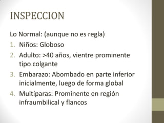INSPECCION
Lo Normal: (aunque no es regla)
1. Niños: Globoso
2. Adulto: >40 años, vientre prominente
tipo colgante
3. Embarazo: Abombado en parte inferior
inicialmente, luego de forma global
4. Multíparas: Prominente en región
infraumbilical y flancos
 