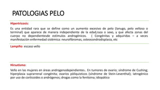 PATOLOGIAS PELO
Hipertricosis:
Es una entidad rara que se define como un aumento excesivo de pelo (lanugo, pelo velloso o
terminal) que aparece de manera independiente de la edad,raza o sexo, y que afecta zonas del
cuerpo no dependientesde estímulos androgénicos. ( Congénitas y adquiridas – a veces
manifestación enfermedad sistémica: neurofibromas, osteocondrodisplasia, etc
Lampiño: escaso vello
Hirsutismo:
Vello en las mujeres en áreas androgenodependientes.. En tumores de ovario; síndrome de Cushing;
hiperplasia suprarrenal congénita; ovarios pòliquisticos (síndrome de Stein-Leventhal); Iatrogénico
por uso de corticoides o andrógenos; drogas como la fenitoina; idiopático
 