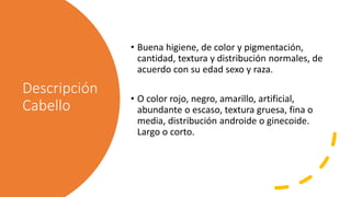 Descripción
Cabello
• Buena higiene, de color y pigmentación,
cantidad, textura y distribución normales, de
acuerdo con su edad sexo y raza.
• O color rojo, negro, amarillo, artificial,
abundante o escaso, textura gruesa, fina o
media, distribución androide o ginecoide.
Largo o corto.
 