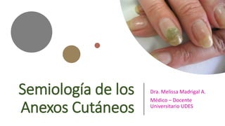 Semiología de los
Anexos Cutáneos
Dra. Melissa Madrigal A.
Médico – Docente
Universitario UDES
 
