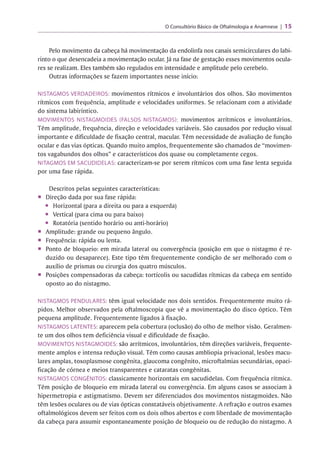 O Consultório Básico de Oftalmologia e Anamnese 15
Pelo movimento da cabeça há movimentação da endolinfa nos canais semicirculares do labi­
rinto o que desencadeia a movimentação ocular. Já na fase de gestação esses movimentos ocula­
res se realizam. Eles também são regulados em intensidade e amplitude pelo cerebelo.
Outras informações se fazem importantes nesse início:
NISTAGMOS VERDADEIROS: movimentos rítmicos e involuntários dos olhos. São movimentos
rítmicos com frequência, amplitude e velocidades uniformes. Se relacionam com a atividade
do sistema labiríntico.
MOVIMENTOS NISTAGMOIDES (FALSOS NISTAGMOS): movimentos arrítmicos e involuntários.
Têm amplitude, frequência, direção e velocidades variáveis. São causados por redução visual
importante e dificuldade de fixação central, macular. Têm necessidade de avaliação de função
ocular e das vias ópticas. Quando muito amplos, frequentemente são chamados de “movimen­
tos vagabundos dos olhos” e característicos dos quase ou completamente cegos.
NITAGMOS EM SACUDIDELAS: caracterizam-se por serem rítmicos com uma fase lenta seguida
por uma fase rápida.
Descritos pelas seguintes características:
■ Direção dada por sua fase rápida:
• Horizontal (para a direita ou para a esquerda)
• Vertical (para cima ou para baixo)
• Rotatória (sentido horário ou anti-horário)
■ Amplitude: grande ou pequeno ângulo.
■ Frequência: rápida ou lenta.
■ Ponto de bloqueio: em mirada lateral ou convergência (posição em que o nistagmo é re­
duzido ou desaparece). Este tipo têm frequentemente condição de ser melhorado com o
auxílio de prismas ou cirurgia dos quatro músculos.
■ Posições compensadoras da cabeça: tortícolis ou sacudidas rítmicas da cabeça em sentido
oposto ao do nistagmo.
NISTAGMOS PENDULARES: têm igual velocidade nos dois sentidos. Frequentemente muito rá­
pidos. Melhor observados pela oftalmoscopia que vê a movimentação do disco óptico. Têm
pequena amplitude. Frequentemente ligados à fixação.
NISTAGMOS LATENTES: aparecem pela cobertura (oclusão) do olho de melhor visão. Geralmen­
te um dos olhos tem deficiência visual e dificuldade de fixação.
MOVIMENTOS NISTAGMOIDES: são arrítmicos, involuntários, têm direções variáveis, frequente­
mente amplos e intensa redução visual. Têm como causas ambliopia privacional, lesões macu­
lares amplas, toxoplasmose congênita, glaucoma congênito, microftalmias secundárias, opaci-
ficação de córnea e meios transparentes e cataratas congênitas.
NISTAGMOS CONGÊNITOS: classicamente horizontais em sacudidelas. Com frequência rítmica.
Têm posição de bloqueio em mirada lateral ou convergência. Em alguns casos se associam à
hipermetropia e astigmatismo. Devem ser diferenciados dos movimentos nistagmoides. Não
têm lesões oculares ou de vias ópticas constatáveis objetivamente. A refração e outros exames
oftalmológicos devem ser feitos com os dois olhos abertos e com liberdade de movimentação
da cabeça para assumir espontaneamente posição de bloqueio ou de redução do nistagmo. A
 