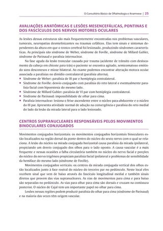 O Consultório Básico de Oftalmologia e Anamnese 25
AVALIAÇÕES ANATÔMICAS E LESÕES MESENCEFÁLICAS, PONTINAS E
DOS FASCÍCULOS DOS NERVOS MOTORES OCULARES
As lesões dessas estruturas são mais frequentemente encontradas nos problemas vasculares,
tumorais, neuropatias desmielinizantes ou traumas cefálicos. Elas tem sinais e sintomas de­
pendentes da altura em que o tronco cerebral foi lesionado, produzindo síndromes caracterís­
ticas. As principais são síndrome de Weber, síndrome de Foville, síndrome de Millard Gubler,
síndrome de Parinaud e paralisia internuclear.
Na fase aguda da lesão troncular causada por trauma (acidente de trânsito com desloca­
mento da cabeça em chicote para trás) o paciente se encontra agitado, semicomatoso emitin­
do sons desconexos e miose bilateral. Ao exame podemos encontrar alteração motora ocular
associada a paralisias no dimidio contralateral (paralisia alterna).
■ Síndrome de Weber: paralisia de III par e hemiplegia contralateral.
■ Síndrome de Foville: desvio conjugado com paralisia do reto lateral e eventualmente para­
lisia facial com hipoestesia do mesmo lado.
■ Síndrome de Millard Gubler: paralisia de VI par com hemiplegia contralateral.
■ Síndrome de Parinaud: impossibilidade de olhar para cima.
■ Paralisia internuclear: lesiona o feixe ascendente entre o núcleo para-abducente e o núcleo
do III par. Apresenta atividade normal de adução na convergência e paralisia do reto medial
do lado da lesão da mirada lateral para o lado lesionado.
CENTROS SUPRANUCLEARES RESPONSÁVEIS PELOS MOVIMENTOS
BINOCULARES CONJUGADOS
Movimentos conjugados horizontais: os movimentos conjugados horizontais binoculares es­
tão localizados na região dorsal da ponte dentro do núcleo do sexto nervo com o qual se rela­
ciona. A lesão do núcleo na mirada conjugada horizontal causa paralisia da mirada ipsilateral,
propiciando um desvio conjugado dos olhos para o lado oposto. A causa vascular é a mais
frequente e nessas ocasiões a falha circulatória também no núcleo do nervo facial e porções
do núcleo do nervo trigêmeo propiciam paralisia facial ipsilateral e problemas de sensibilidade
da hemiface do mesmo lado (síndrome de Foville).
Movimentos conjugados verticais: os centros da mirada conjugada vertical dos olhos es­
tão localizados junto à face rostral do núcleo do terceiro par no pedúnculo. Neste local eles
recebem sinal que vem de baixo através do fascículo longitudinal medial e também sinais
diretos que provem das vias supranucleares. As vias de movimentos para cima e para baixo
são separadas no pedúnculo. As vias para olhar para cima são dorsais e cruzam na comissura
posterior. O núcleo de Cajal tem um importante papel no olhar para cima.
Lesões nessas regiões podem produzir paralisia do olhar para cima (síndrome de Parinaud)
e na maioria das vezes têm origem vascular.
 