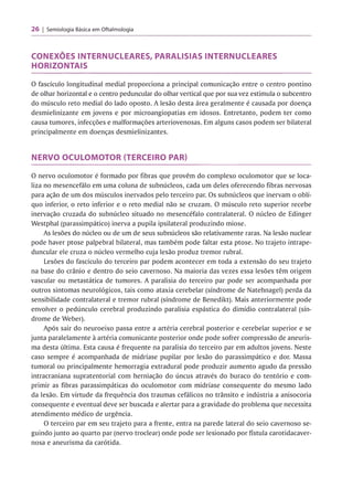 26 Semiologia Básica em Oftalmologia
CONEXÕES INTERNUCLEARES, PARALISIAS INTERNUCLEARES
HORIZONTAIS
O fascículo longitudinal medial proporciona a principal comunicação entre o centro pontino
de olhar horizontal e o centro peduncular do olhar vertical que por sua vez estimula o subcentro
do músculo reto medial do lado oposto. A lesão desta área geralmente é causada por doença
desmielinizante em jovens e por microangiopatias em idosos. Entretanto, podem ter como
causa tumores, infecções e malformações arteriovenosas. Em alguns casos podem ser bilateral
principalmente em doenças desmielinizantes.
NERVO OCULOMOTOR (TERCEIRO PAR)
O nervo oculomotor é formado por fibras que provêm do complexo oculomotor que se loca­
liza no mesencefálo em uma coluna de subnúcleos, cada um deles oferecendo fibras nervosas
para ação de um dos músculos inervados pelo terceiro par. Os subnúcleos que inervam o oblí­
quo inferior, o reto inferior e o reto medial não se cruzam. O músculo reto superior recebe
inervação cruzada do subnúcleo situado no mesencéfalo contralateral. O núcleo de Edinger
Westphal (parassimpático) inerva a pupila ipsilateral produzindo miose.
As lesões do núcleo ou de um de seus subnúcleos são relativamente raras. Na lesão nuclear
pode haver ptose palpebral bilateral, mas também pode faltar esta ptose. No trajeto intrape-
duncular ele cruza o núcleo vermelho cuja lesão produz tremor rubral.
Lesões do fascículo do terceiro par podem acontecer em toda a extensão do seu trajeto
na base do crânio e dentro do seio cavernoso. Na maioria das vezes essa lesões têm origem
vascular ou metastática de tumores. A paralisia do terceiro par pode ser acompanhada por
outros sintomas neurológicos, tais como ataxia cerebelar (síndrome de Natehnagel) perda da
sensibilidade contralateral e tremor rubral (síndrome de Benedikt). Mais anteriormente pode
envolver o pedúnculo cerebral produzindo paralisia espástica do dimidio contralateral (sín­
drome de Weber).
Após sair do neuroeixo passa entre a artéria cerebral posterior e cerebelar superior e se
junta paralelamente à artéria comunicante posterior onde pode sofrer compressão de aneuris­
ma desta última. Esta causa é frequente na paralisia do terceiro par em adultos jovens. Neste
caso sempre é acompanhada de midríase pupilar por lesão do parassimpático e dor. Massa
tumoral ou principalmente hemorragia extradural pode produzir aumento agudo da pressão
intracraniana supratentorial com herniação do úncus através do buraco do tentório e com­
primir as fibras parassimpáticas do oculomotor com midríase consequente do mesmo lado
da lesão. Em virtude da frequência dos traumas cefálicos no trânsito e indústria a anisocoria
consequente e eventual deve ser buscada e alertar para a gravidade do problema que necessita
atendimento médico de urgência.
O terceiro par em seu trajeto para a frente, entra na parede lateral do seio cavernoso se­
guindo junto ao quarto par (nervo troclear) onde pode ser lesionado por fístula carotidacaver-
nosa e aneurisma da carótida.
 