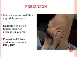 PERCUCION
 Metodo percutorio didito-
digital de gerhardt
 Delimitación de los
limites superior,
derecho , izquierdo.
 Percusión del área
auricular izquierda
DII y DIV
 