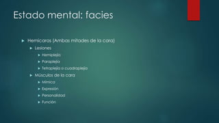 Estado mental: facies 
 Hemicaras (Ambas mitades de la cara) 
 Lesiones 
 Hemiplejía 
 Paraplejía 
 Tetraplejía o cuadraplejía 
 Músculos de la cara 
 Mímica 
 Expresión 
 Personalidad 
 Función 
 
