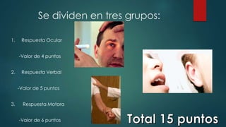 Se dividen en tres grupos: 
1. Respuesta Ocular 
-Valor de 4 puntos 
2. Respuesta Verbal 
-Valor de 5 puntos 
3. Respuesta Motora 
-Valor de 6 puntos 
 