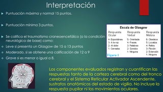 Interpretación 
 Puntuación máxima y normal 15 puntos. 
 Puntuación mínima 3 puntos. 
 Se califica el traumatismo craneoencefálico (o la condición 
neurológica de base) como: 
 Leve si presenta un Glasgow de 15 a 13 puntos 
 Moderado, si se obtiene una calificación de 12 a 9 
 Grave si es menor o igual a 8. 
Los componentes evaluados registran y cuantifican las 
respuestas tanto de la corteza cerebral como del tronco 
cerebral y el Sistema Reticular Activador Ascendente, 
sustratos anatómicos del estado de vigilia. No incluye la 
respuesta pupilar ni los movimientos oculares. 
 