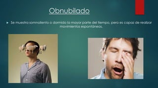 Obnubilado 
 Se muestra somnoliento o dormido la mayor parte del tiempo, pero es capaz de realizar 
movimientos espontáneos. 
 