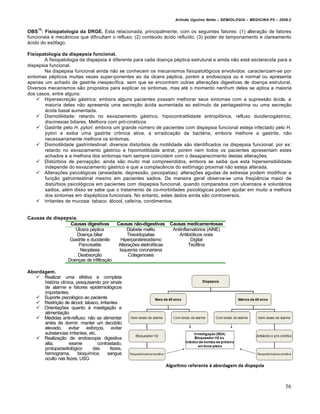 Arlindo Ugulino Netto – SEMIOLOGIA – MEDICINA P5 – 2009.2

     13
OBS : Fisiopatologia da DRGE. Esta relacionada, principalmente, com os seguintes fatores: (1) alteração de fatores
funcionais e mecânicos que dificultam o refluxo; (2) conteúdo ácido refluído; (3) poder de tamponamento e clareamento
ácido do esôfago.

Fisiopatologia da dispepsia funcional.
       A fisiopatologia da dispepsia é diferente para cada doença péptica estrutural e ainda não está esclarecida para a
dispepsia funcional.
       Na dispepsia funcional ainda não se conhecem os mecanismos fisiopatológicos envolvidos: caracterizam-se por
sintomas pépticos muitas vezes super-ponentes ao da úlcera péptica, porém a endoscopia ou é normal ou apresenta
apenas um achado de gastrite inespecífica, sem que se encontrem outras alterações digestivas de doença estrutural.
Diversos mecanismos são propostos para explicar os sintomas, mas até o momento nenhum deles se aplica a maioria
dos casos, entre alguns:
     Hipersecreção gástrica: embora alguns pacientes possam melhorar seus sintomas com a supressão ácida, a
        maioria deles não apresenta uma secreção ácida aumentada ao estímulo da pentagastrina ou uma secreção
        ácida basal aumentada.
     Dismotilidade: retardo no esvaziamento gástrico, hipocontratilidade antropilórica, refluxo duodenogástrico,
        discinesias biliares. Melhora com pró-cinéticos
     Gastrite pelo H. pylori: embora um grande número de pacientes com dispepsia funcional esteja infectado pelo H.
        pylori e exiba uma gastrite crônica ativa, a erradicação da bactéria, embora melhore a gastrite, não
        necessariamente melhora os sintomas.
     Dismotilidade gastrintestinal: diversos distúrbios de motilidade são identificados na dispepsia funcional, por ex:
        retardo no esvaziamento gástrico e hipomotilidade antral, porém nem todos os pacientes apresentam estes
        achados e a melhora dos sintomas nem sempre coincidem com o desaparecimento destas alterações.
     Distúrbios de percepção: ainda são muito mal compreendidos, embora se saiba que esta hipersensibilidade
        independe do esvaziamento gástrico e que a complacência do estômago proximal não esteja alterada.
     Alterações psicológicas (ansiedade, depressão, psicopatias): alterações agudas de estresse podem modificar a
        função gatrointestinal mesmo em pacientes sadios. De maneira geral observa-se uma freqüência maior de
        distúrbios psicológicos em pacientes com dispepsia funcional, quando comparados com ulcerosos e voluntários
        sadios, além disso se sabe que o tratamento de co-morbidades psicológicas podem ajudar em muito a melhora
        dos sintomas em dispépticos funcionais. No entanto, estes dados ainda são controversos.
     Irritantes de mucosa: tabaco, álcool, cafeína, condimentos.


Causas de dispepsia.
                 Causas digestivas          Causas não-digestivas       Causas medicamentosas
                   Úlcera péptica                Diabete melito          Antiinflamatórios (AINE)
                    Doença biliar                 Tireoidopatias            Antibióticos orais
                 Gastrite e duodenite         Hiperparatireoidismo                 Digital
                     Pancreatite             Alterações eletrolíticas             Teofilina
                      Neoplasia              Isquemia coronariana
                     Deabsorção                   Colagenoses
                Doenças de infiltração

Abordagem.
    Realizar uma efetiva e completa
      história clínica, pesquisando por sinais
      de alarme e fatores epidemiológicos
      importantes.
    Suporte psicológico ao paciente
    Restrição de álcool, tabaco, irritantes
    Orientações quanto à mastigação e
      alimentação
    Medidas anti-refluxo: não se alimentar
      antes de dormir, manter um decúbito
      elevado, evitar esforços, evitar
      substancias irritantes, etc.
    Realização de endoscopia digestiva
      alta,         exame          contrastado,
      protoparasitológico       das      fezes,
      hemograma,         bioquímica,    sangue
      oculto nas fezes, USG




                                                                                                                                36
 