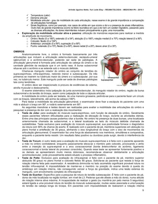 Arlindo Ugulino Netto; Yuri Leite Eloy – REUMATOLOGIA – MEDICINA P6 – 2010.1


             Temperatura (calor)
             Derrame articular
             Mobilidade articular - grau de mobilidade de cada articulação, nesse exame é de grande importância a comparação
               de articulações homólogas
             Sinais flogísticos, como por exemplo, nos casos de artrite em que ocorre a dor e a presença de sinais inflamatórios.
               Outro fato de grande importância ocorre na febre reumática em que a dor tem um caráter migratório, passando para
               as diversas articulações. As dores intermitentes incluem principalmente a gota, uma monoartrite.
       Exploração da mobilidade articular ativa e passiva: utilização de manobras especiais para realizar a medida
        da amplitude de movimento.
            o Ombro: flexão (0 a 180º), extensão (0 a 54º), abdução (0 a 180º), rotação medial (0 a 70º), rotação lateral (0 a 90º).
            o Cotovelo: flexão (0 a 154º).
            o Antebraço: pronação (0 a 90º), supinação (0 a 90º).
            o Punho: extensão (0 a 70º), flexão (0 a 80º), desvio radial (0 a 20º), desvio ulnar (0 a 35º).

OMBROS
         Anatomicamente livre, o ombro é formado basicamente por três
articulações que incluem a articulação esterno-clavicular, escápulo-umeral
(glenumral) e a acrômio-clavicular, podendo ser sede de patologias. A
articulação glenumeral é formada pela articulação da cabeça do úmero e da
cavidade glenóide da escápula que é um tanto rasa. A bursa subacromial
situa-se sob o acrômio e se estende sob o músculo deltóide.
         Chama-se manguito rotador do ombro ao conjunto de tendões do
supra-espinhoso, infra-espinhoso, redondo menor e subescapular. Os três
primeiros se inserem no tubérculo maior do úmero e o subescapular, por sua
vez, no tubérculo menor. Este manguito pode ser sede de diversas patologias
tais como tendinites.
         O ombro deve ser inspecionado à procura de evidências de edema,
atrofia muscular e deslocamento.
         O exame sistemático inclui palpação da junta acromioclavicular, do manguito rotador do ombro, região da bursa
subacromial e do tendão do bíceps, assim como palpação de toda a cápsula articular.
         A mobilidade do ombro pode ser testada, de uma maneira grosseira, pedindo-se para o paciente fazer um círculo
com os braços, lateralmente, até acima da cabeça (180º).
         Para testar a mobilidade da articulação glenumeral, o examinador deve fixar a escápula do paciente com uma
mão e abduzir o braço em 90º, e rodá-lo externamente em 90º.
         As seguintes manobras e testes devem ser realizadas para avaliar a mobilidade das articulações do ombro e
pesquisar a presença de dor com a realização dos movimentos:
      Teste de Jobe: para avaliação do músculo supra-espinhoso, com função de elevação do ombro. Geralmente
         esses pacientes referem dificuldades para a realização de elevação do braço, durante as atividades diárias.
         Entre uma das principais causas podemos citar a bursite. No ombro há presença de duas bursas, uma localizada
         anteriormente chamada de subacromial, e a lateral localizada ao lado do músculo deltóide chamada de
         subdeltóidea. Teste exclusivo para avaliação do músculo supra-espinal, sua positividade fornece o diagnóstico
         da rotura com 90% de chance de acerto. É realizado com o paciente de pé, membros superiores em abdução no
         plano frontal e anteflexão de 30 graus, alinhando o eixo longitudinal do braço com o eixo de movimentos da
         articulação glenoumeral. O examinador faz uma força de abaixamento nos membros, simultânea e comparativa,
         enquanto a paciente tenta resistir. Um resultado falso positivo ou duvidoso pode surgir, devido à interferência da
         dor.
      Teste de Yocum: é outro teste para a avaliação do musculo supra-espinhoso e é feita com o paciente apoiando
         a mão no ombro contralateral, enquanto passivamente eleva-se o membro pelo cotovelo, provocando o atrito
         entre a inserção do supra-espinal e o arco coracoacromial (borda ântero-inferior do acrômio, ligamento
         coracoacromial e borda lateral do processo coracóide). Quando esse teste se apresentar fortemente positivo e
         os demais se apresentarem muito menos dolorosos, recomenda-se observar detidamente a articulação
         acromioclavicular, onde provavelmente estará situado o processo inflamatório.
      Teste de Patte: Exclusivo para avaliação do infra-espinal, é feito com o paciente de pé, membro superior
         abduzido 90 graus no plano frontal e cotovelo fletido 90 graus. Solicita-se ao paciente que resista à força de
         rotação interna feita pelo examinador. A resistência diminuída no lado acometido significará provável rotura no
         tendão infra-espinal. A impossibilidade de manter-se o membro na posição do exame devido à queda do
         antebraço em rotação interna, não conseguindo vencer a força da gravidade, indica uma lesão extensa do
         manguito, com envolvimento completo do infra-espinal.
      Teste de Guerber: Específico para a pesquisa de rotura do tendão subescapular. É feito com o paciente de pé,
         dorso da mão localizada na região lombar, em nível de L3. Pede-se que ele afaste a mão do dorso, numa atitude
         de rotação interna ativa máxima. A incapacidade de realizar o gesto (ou mantê-la por pelo menos 5 segundos)
         estará ligada a uma provável rotura do tendão do músculo subescapular, muitas vezes associada a uma luxação
         do tendão da cabeça longa do bíceps. Em pacientes com impossibilidade de realizarem a rotação interna
                                                                                                                                  9
 